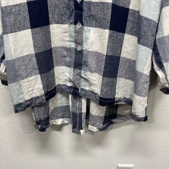 Soft Surroundings Blue Carreaux Back Zip Plaid 3/4 Sleeve Linen Blend Shirt 1X - Picture 3 of 14